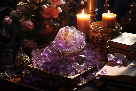 神奇的紫色水晶和蜡烛图片