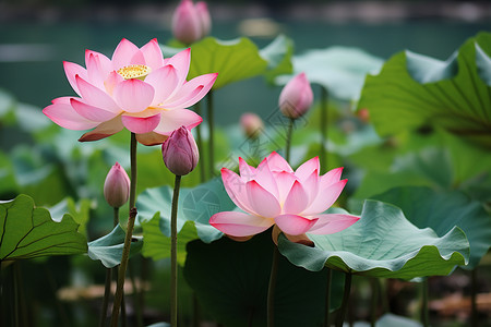 池塘中盛开的莲花背景图片