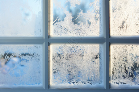 室外窗户玻璃上冰花图片