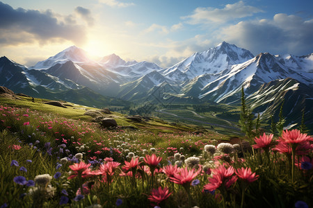 清晨雪山中草甸的美丽景观图片
