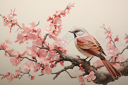 中式水墨花鸟创意插图图片