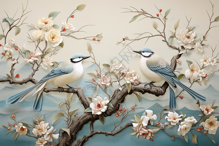 树枝上的小鸟插画图片