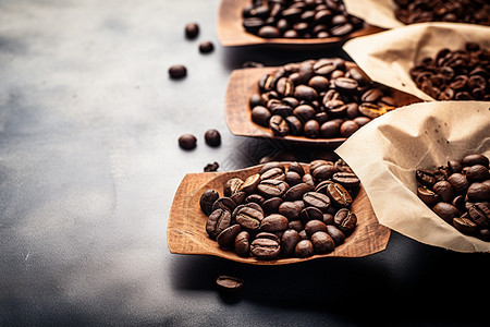 木桌上的咖啡豆背景图片