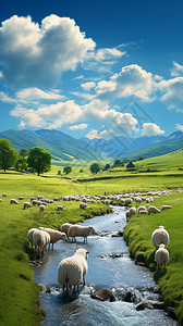 小溪里的羊群图片