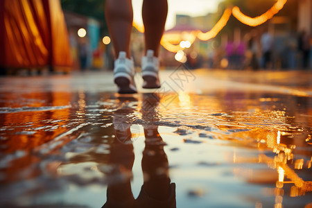 潮湿道路上奔跑的运动员图片
