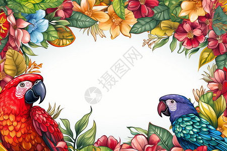 手绘创意热带鹦鹉花卉背景图片