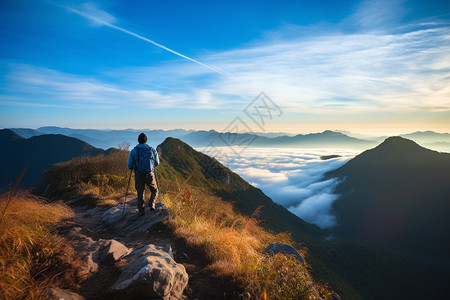 背包爬山山顶观看日出云海的徒步旅行者背景