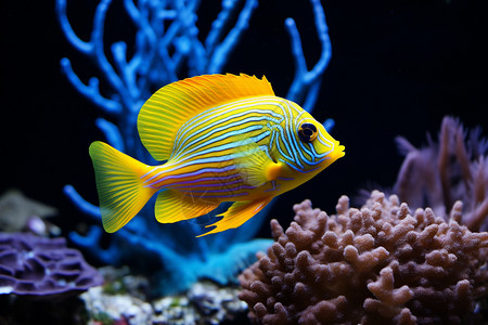 热带珊瑚下的黄色鱼群图片