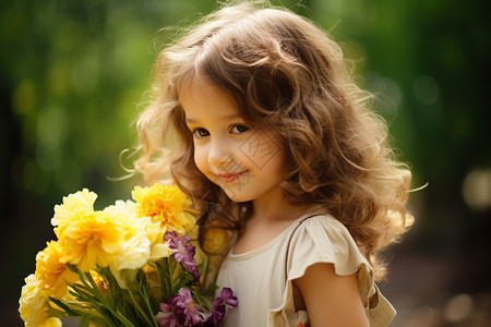 花园中抱着鲜花的小女孩图片