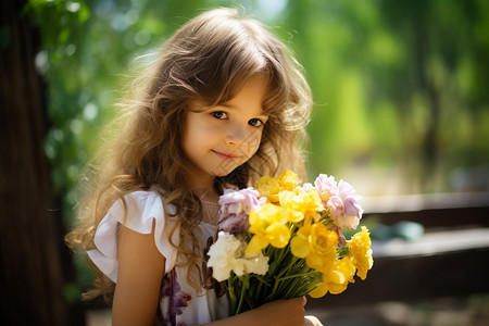 夏天公园中采花的小女孩背景图片