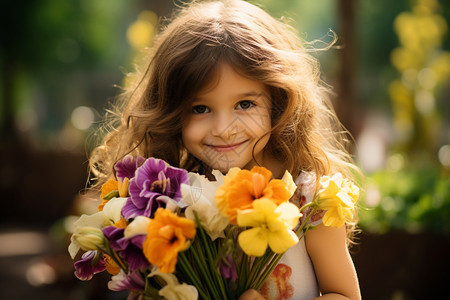 夏天公园中采花的小女孩背景图片