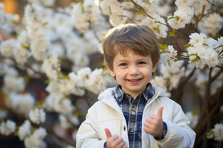 樱花树前可爱微笑的小男孩图片