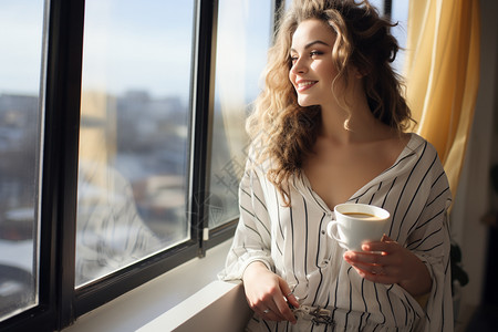 窗前喝咖啡的女子高清图片