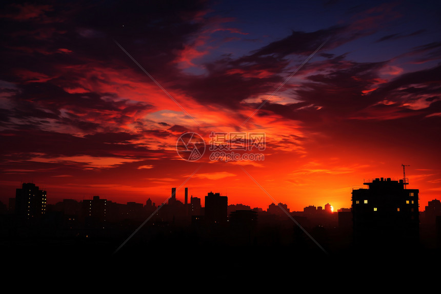 红色天空下的城市美景图片