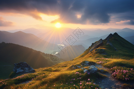 夕阳下宁静的山脉景观图片