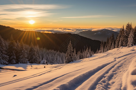清晨壮观的雪山景观图片