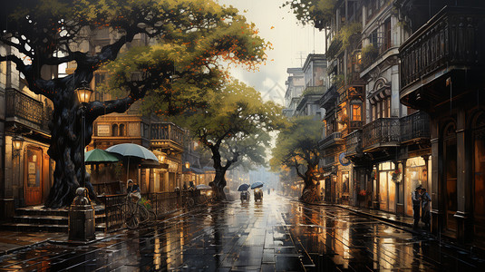 清晨的街头雨天水珠高清图片