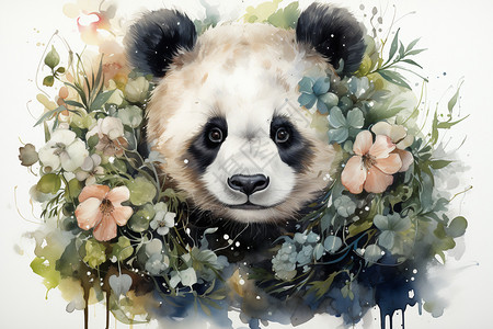 花丛中的熊猫水彩插画图片