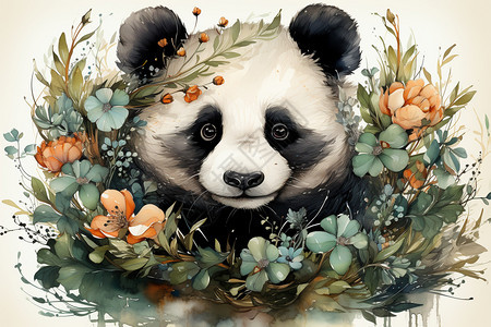 花丛中微笑的熊猫插画图片