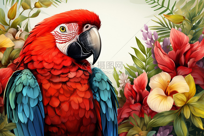 花丛中的鹦鹉插画图片
