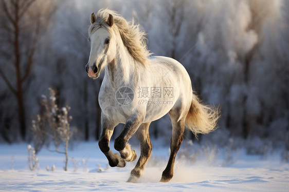 雪地里奔腾的白马图片