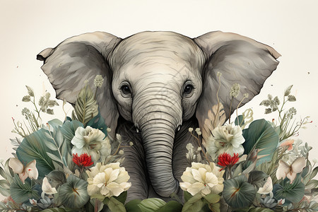 花丛中的小象动画插画图片
