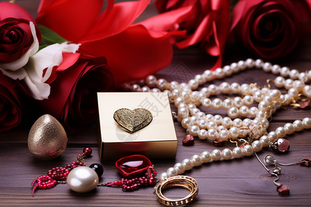 珍珠戒指桌子上的珠宝装饰背景