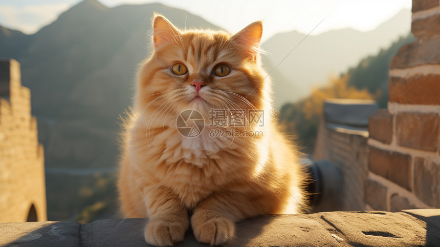 长城上乖巧的小橘猫高清图片下载-正版图片600466493-摄图网