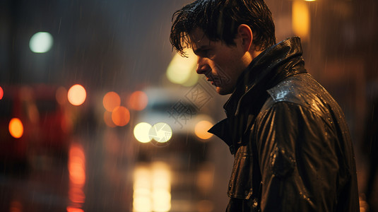 雨夜街道上孤独的男子图片