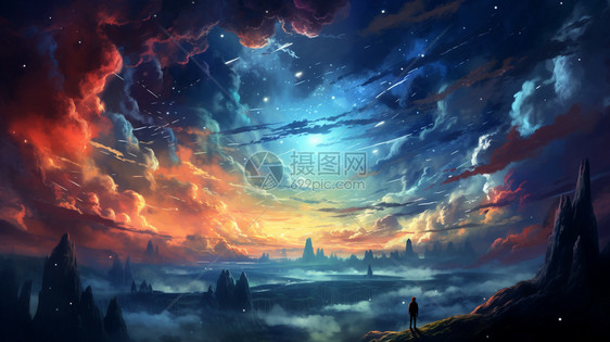 五彩缤纷的夜空插画图片