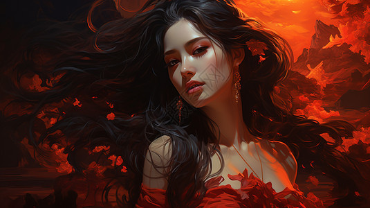 红色系典雅古典美女背景图片
