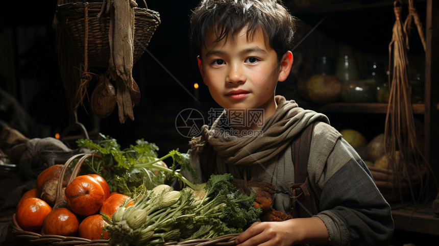 集市上售卖蔬菜的男孩图片