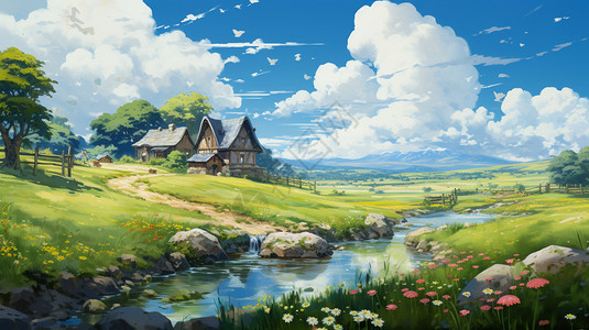 宫崎骏风的乡村景观插图图片