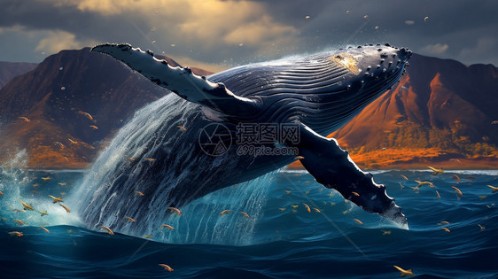 海洋中跳跃的座头鲸创意插图图片