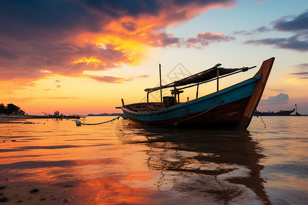 日落时海面上停靠的渔船图片