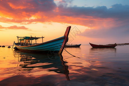 日落时海洋中停靠的渔船美景图片