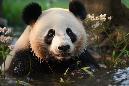 溪流中的野生大熊猫图片
