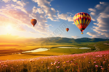 草地中飞行的热气球图片