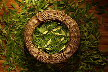 竹篮中的绿茶背景图片