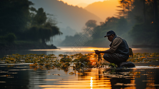 夏季湖泊中劳作的农民图片