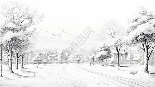 手绘冬天雪后城市街道景观图片