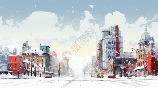 冬至创意冬天白雪覆盖的城市街景插画