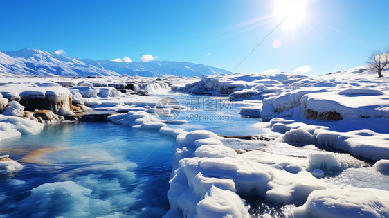 大雪覆盖的高山河流景观图片