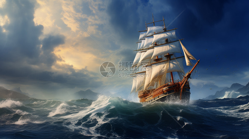 风暴天气海上航行的帆船图片