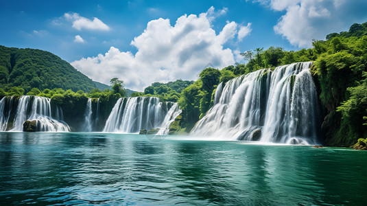 夏季森林山间瀑布的美丽景观图片