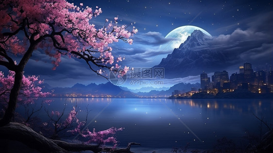 夜晚户外的湖泊和树木图片