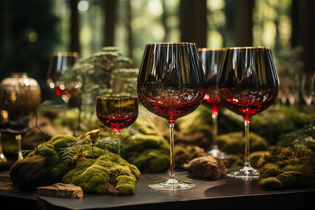 森林中的红酒和酒杯图片