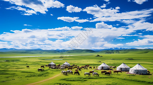 草原上的马群和帐篷图片