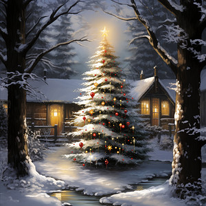 雪夜户外闪亮的圣诞树图片