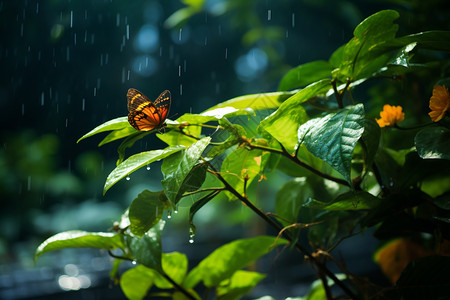 树叶上的蝴蝶下雨天蝴蝶在树叶上背景